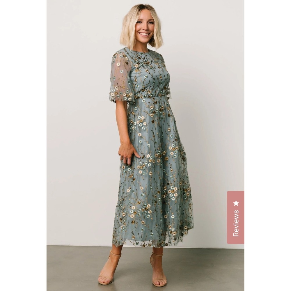 Baltic Born Arabella Embroidered Tulle Maxi Dusty Blue Floral Dress XL NWT